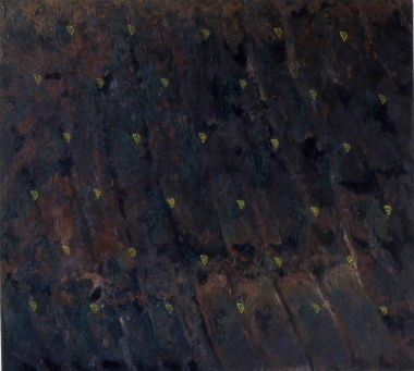 Ronnie Hughes: Constructed heritage , 1991, oil, sand, cellulose, wax on muslin, 152 x 168 cm; courtesy the artis